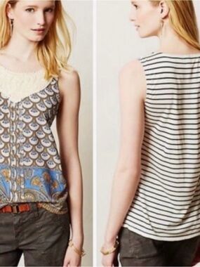 Anthropologie Blue, White & Brown Patterned Mixed-Print Tank